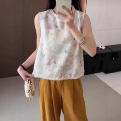 2025 夏の新韓国ファッション多用途ラウンドネック国民風プリントノースリーブ女性の Tシャツベスト外国風トップ