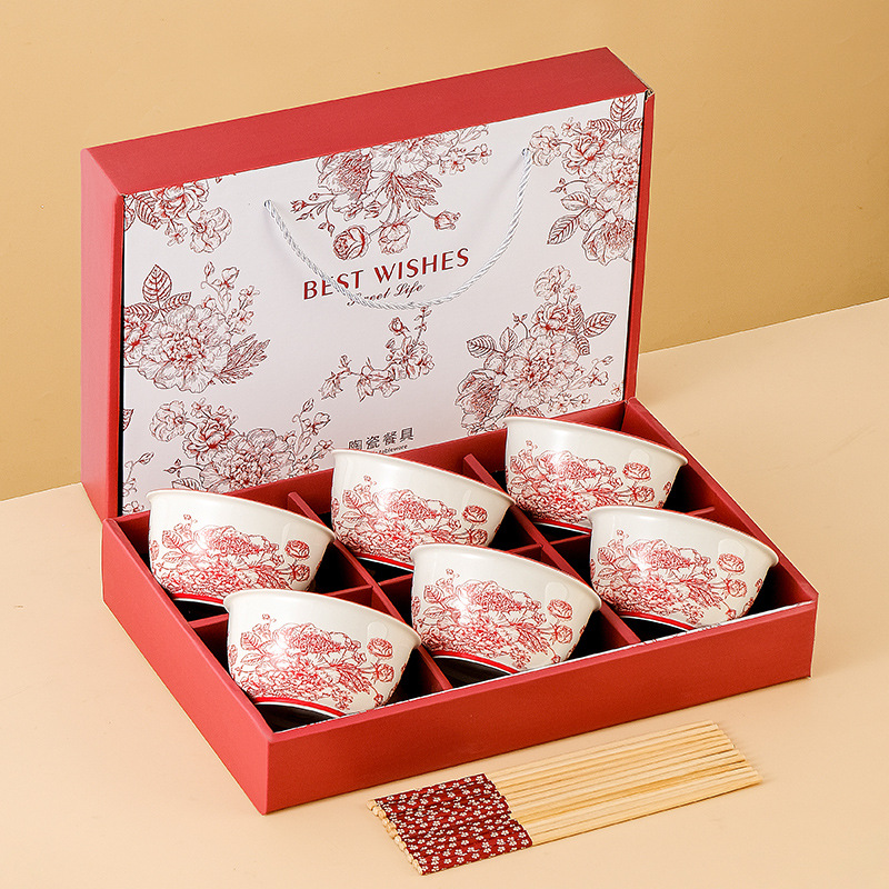 Geschenkset mit Rosenschale und Essstäbchen aus Keramik – Mikrowellengeeignetes, modernes Geschirr für Zuhause, das Restaurant und zum Verschenken (11,5 cm große Essstäbchen aus Bambus)_voghion.com