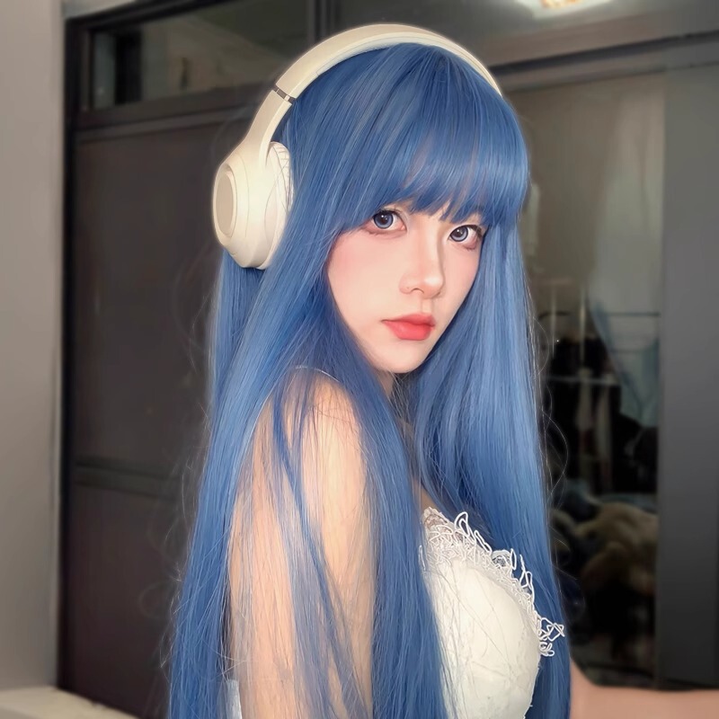 Wig for Women, Long Hair, Full Head Cover, Universal Cosplay, Blue-Gray Long Straight Hair, Natural-Looking Human Hair Wig, Fluffy