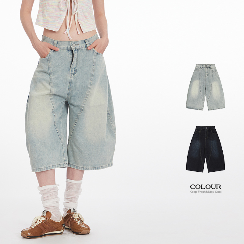 HeyHenry Men's American Style Retro Loose Machete Cropped Jeans Women's 2025 Summer Wide Leg Pants Couple