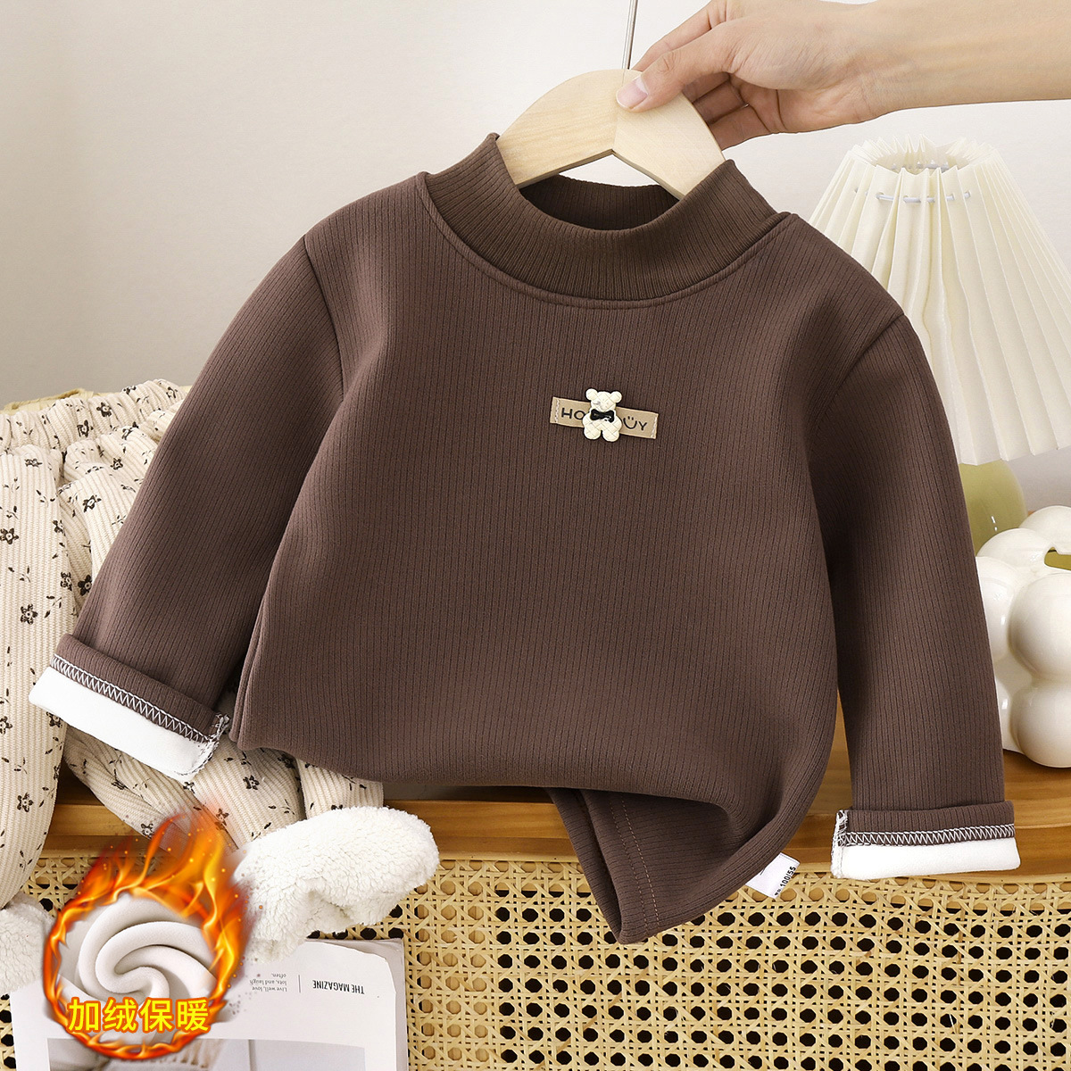 Ropa base para niños invierno nuevo bebé más terciopelo grueso niño medio cuello alto niña camiseta top ropa para niños cálida