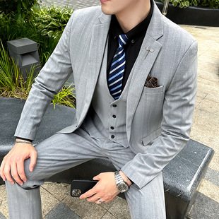 Cross-border Supply Striped Men's Suit Spring New Business Professional Slim-fit Suit Three-piece Jacket for Men