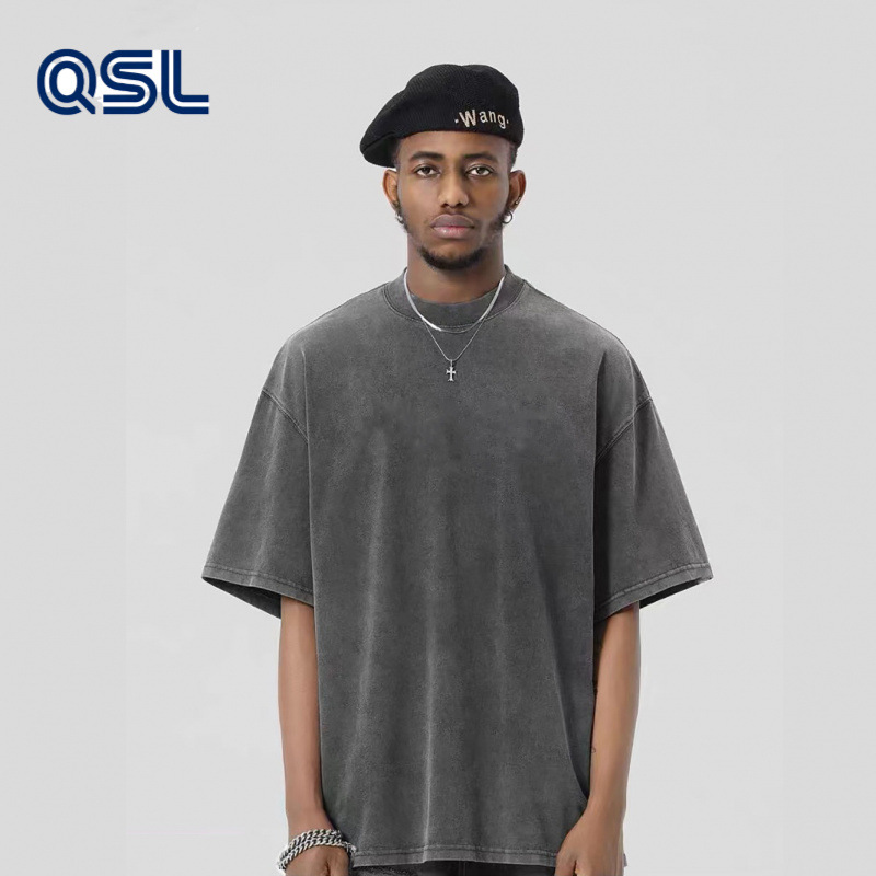 300g de peso pesado lavado con agua para hacer camisetas de manga corta de hombro de la marca de moda vieja para hombres, camisetas de moda de pareja holgas europeas y americanas