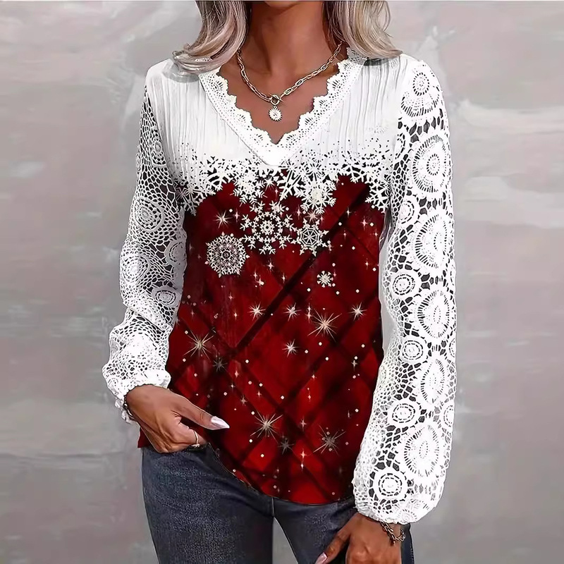 Wish AliExpress temu 2024 Autumn New Christmas Element Printing V Zero Lace Stitching Casual T-Shirt Wish AliExpress temu 2024 Autumn New Christmas Element Printing V Zero Lace Stitching Casual T-Shirt
