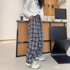 027 女士秋季新款卫裤高级感松紧腰小格子抽褶女式休闲阔腿长卫裤