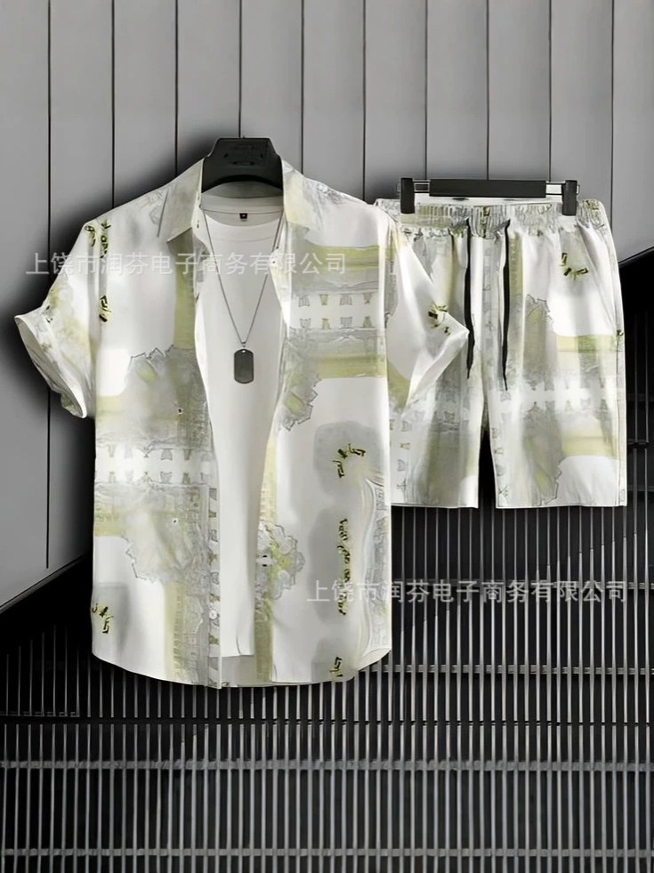 2026 viaje transfronterizo de vacaciones de viento camisa set hombre verano suelto transpirable dos piezas set mar ocio versátil