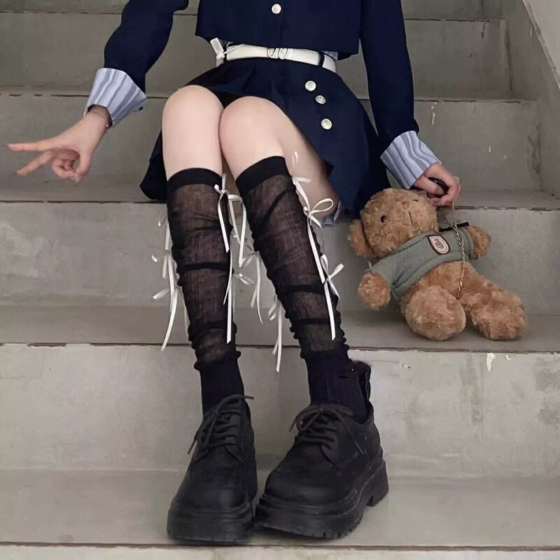Strict Selection of High Color Value Lori Ballet Socks Thin Mesh Bow Knee Socks Women's Autumn College jk Calf Pile