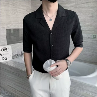 韩版新款夏季高级半袖衬衫潮牌男士五分袖休闲衬衣男装痞帅上衣潮