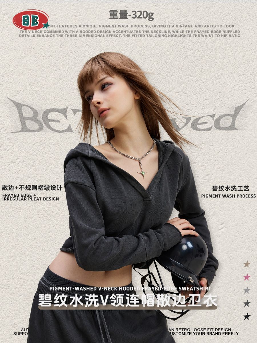 BE ropa de mujer de otoño de 2025 Europa y América vintage hottie chaqueta de cuello en V camiseta doblada corta con capuzas de manga larga chaqueta de mujer image 4