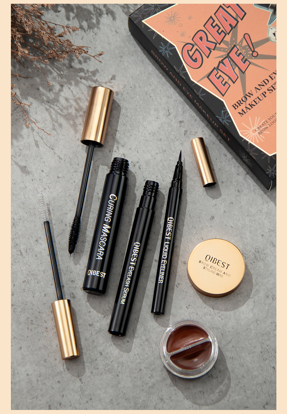 QIBEST Eyebrow and Eye Makeup Set is waterproof, sweat-proof, and does not easily smudge. It offers long-lasting, natural, and three-dimensional eye makeup undefined