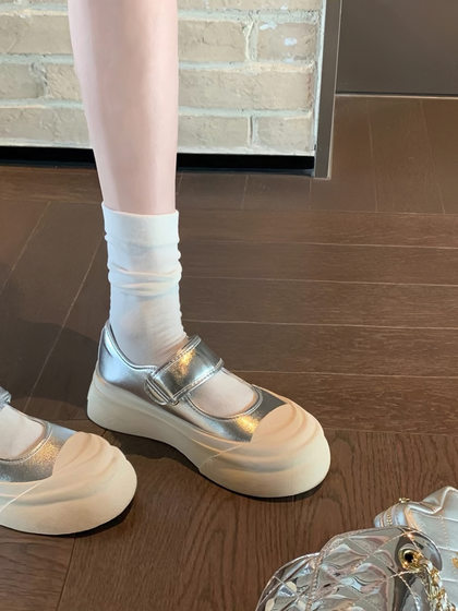 Cowhide version ~ Ruth same leather big head shoes women's versatile thick-soled muffin hook and loop Mary Jane white shoes