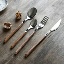 复古创意木柄不锈钢牛排刀叉餐具ins家用日式甜品勺子西餐叉汤勺