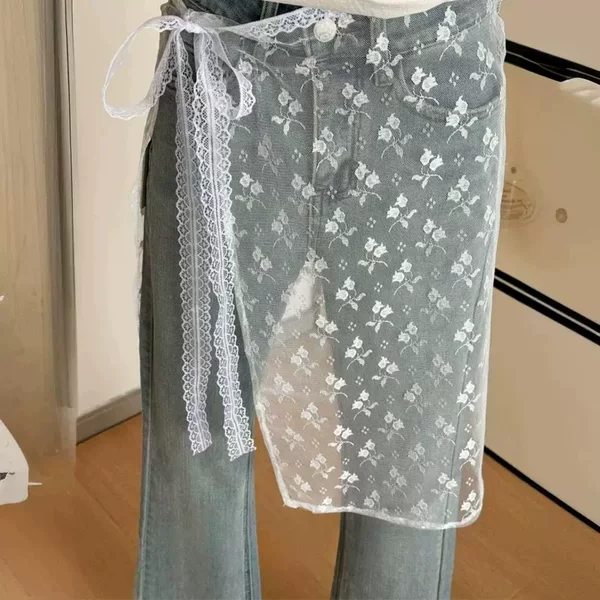 Korean Style Design Lace Embroider Lace Belt Silk Scarf Layered with Half-Length Gauze Skirt Butt Curtain Accessories