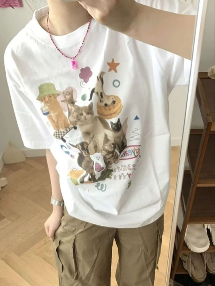 Retro Harajuku Fashion Women Shirt Cute Milk Cat Graphic T-S
