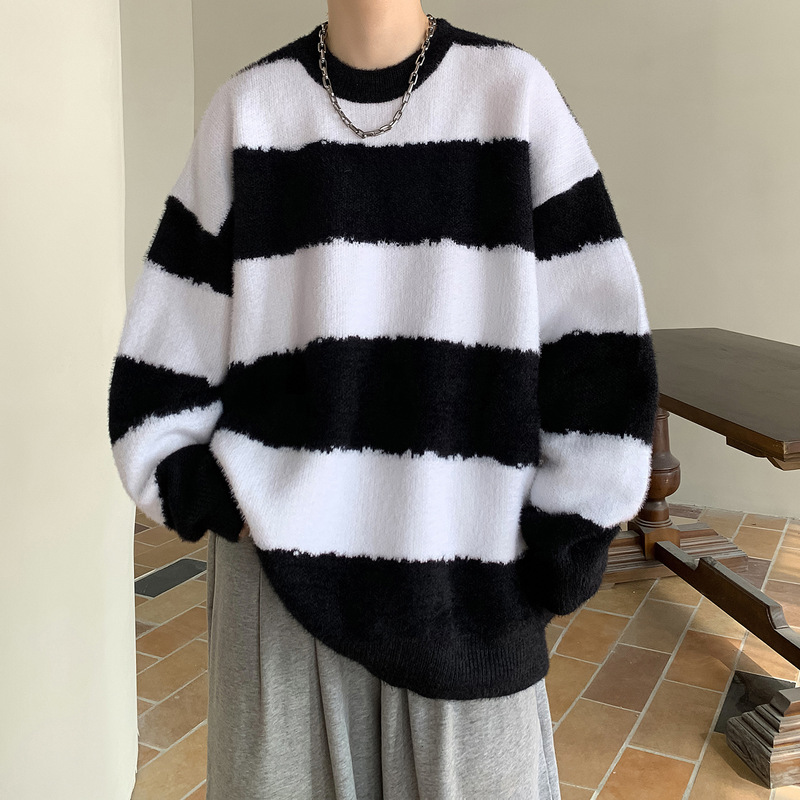 Two more thick striped sweater men's autumn and winter 2023 new fat loose plus size design sweater