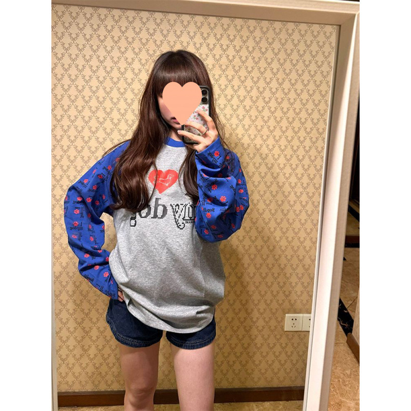 美式复古撞色插肩袖长袖T恤女秋季新款设计感小众宽松显瘦上衣潮|undefined