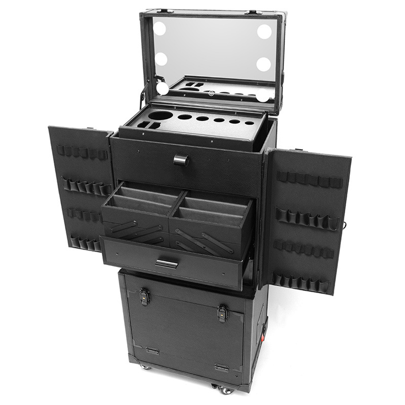 Venta en stock de barra de tracción caja de peluquería con ruedas de alta capacidad HD caja de maquillaje con ruedas universales móviles de negocios