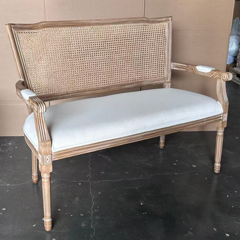 American Retro Solid Wood Double Sofa Table and Chairs, French Country Pastoral Style Woven Rattan Chair, Distressed Weathered Photo Studio Fabric