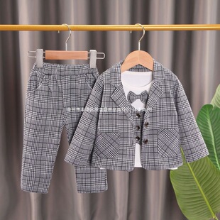 Boys' Spring and Autumn Outfit, New Children's Suit, Stylish British-Style Small Suit Three-Piece Set, One-Year-Old Tie Dress Trendy