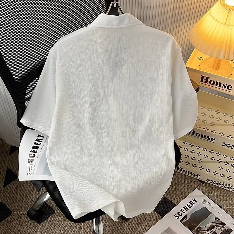 ForMen High-End Draped Ice Silk Shirt For Men, Short Sleeve Loose Fit American Cuban Collar Shirt, Summer Trendy Cool Couple's_voghion.com