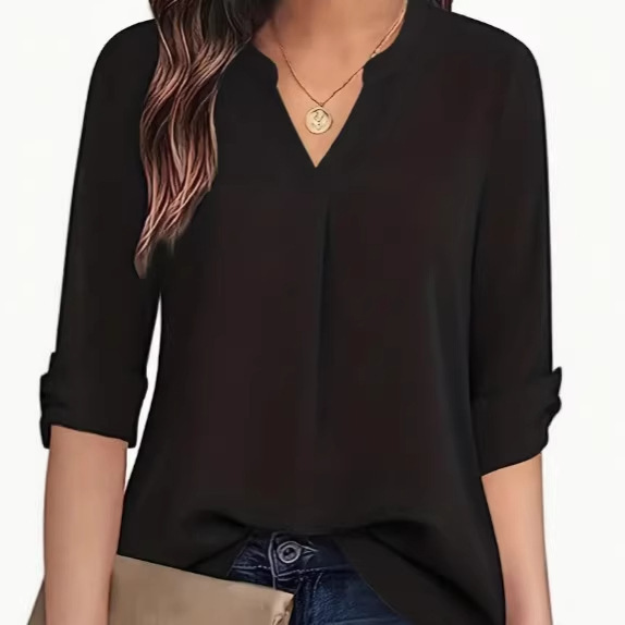 Chic Solid Color V-Neck Shirt Fashionable Simple Women's Casual Long Sleeve Style Chic Solid Color V-Neck Shirt Fashionable Simple Women's Casual Long Sleeve Style