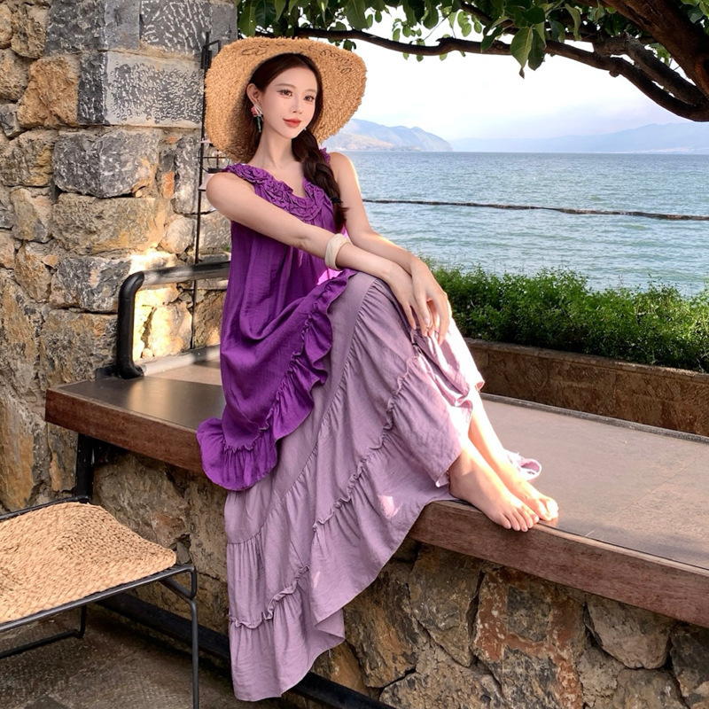 yh旅游多巴胺海岛很明媚的穿搭紫色系棉麻裙子套装连衣裙女|undefined