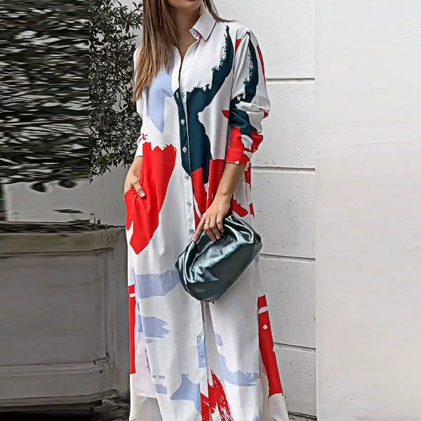 2024 весенняя женская независимая станция европейская и американская мода повседневный принт свободная развилка длинная рубашка рубашка платье