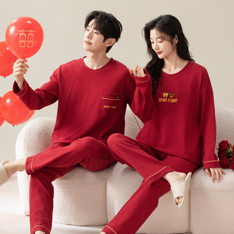 Pijama de otoño y invierno para parejas, traje rojo de mangas largas para hombres y mujeres, boda, chaqueta de fiesta, ropa casera casera