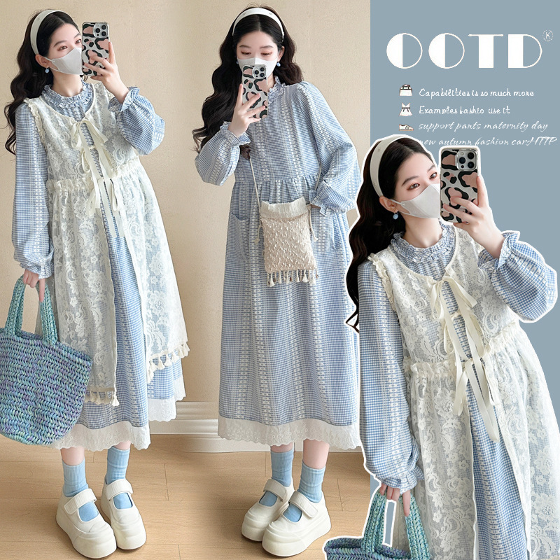 Lace Embroidered Printed Blouse Blue Loose Long Skirt Women's Spring New Gentle Style Maternity Wear Two-Piece Set