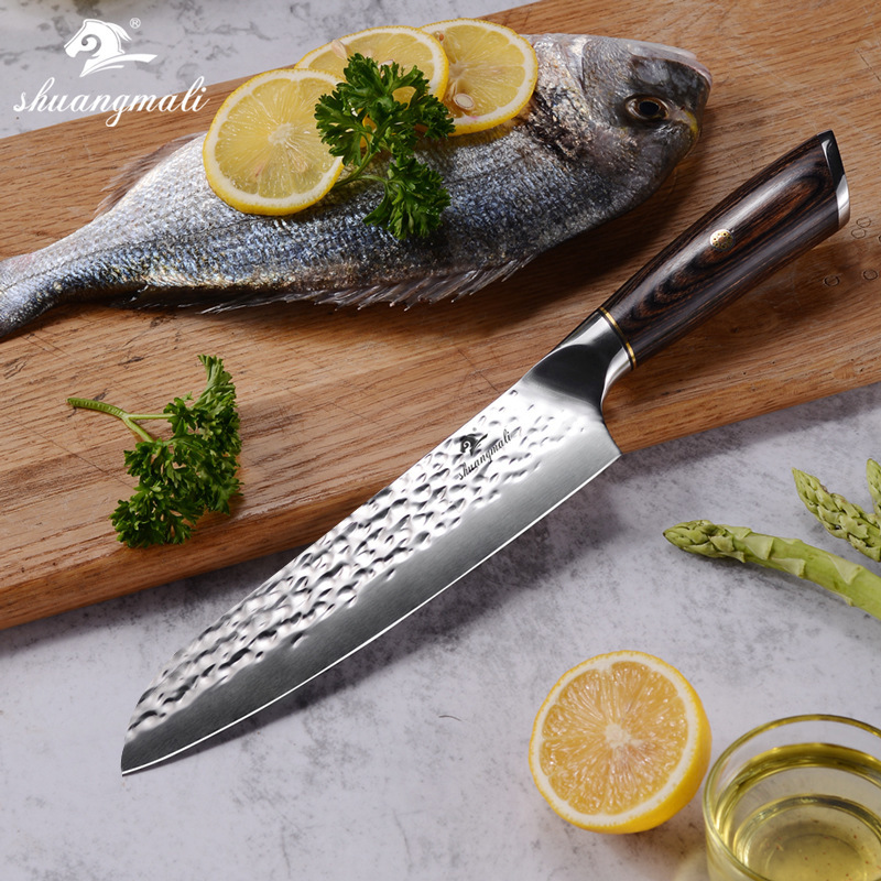 Cuchillo de chef de 8 pulgadas de color para el hogar mango de madera forjado patrón de martillo de acero inoxidable cuchillo rebanador cuchillo de cocina Generación de cabello transfronterizo