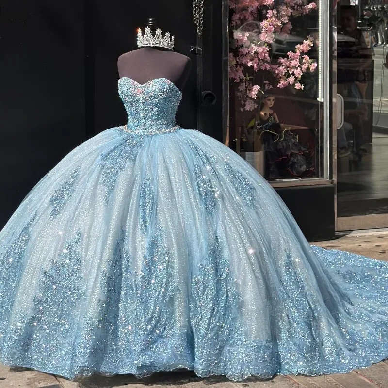 Light Wedding Dress, Strapless Long Train Puffy Skirt, Light Blue Gown for Women, Banquet Host Runway Show Colorful Tulle Dress Light Wedding Dress, Strapless Long Train Puffy Skirt, Light Blue Gown for Women, Banquet Host Runway Show Colorful Tulle Dress