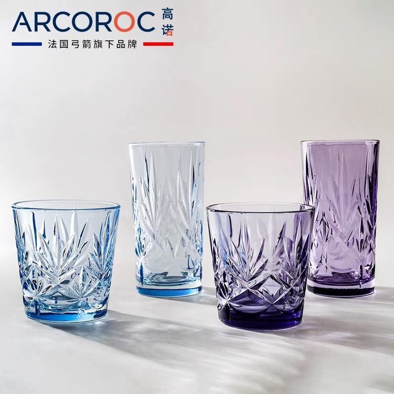 ARC Bow and Arrow Gono Taza de vidrio templado Taza de agua azul púrpura Taza de enjuague bucal Taza tallada de alto valor Taza de bebida
