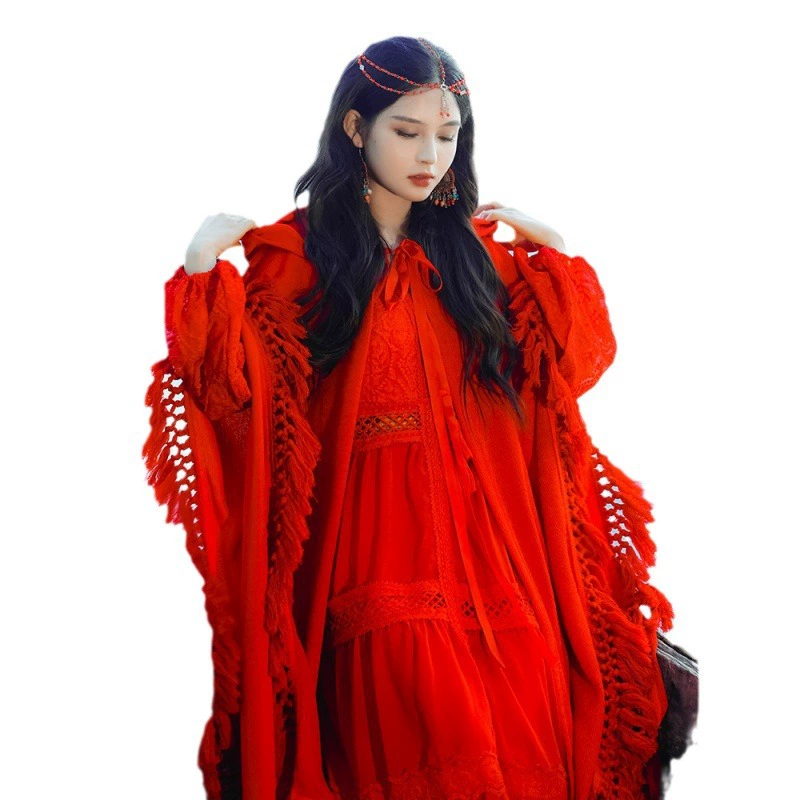 Бордовый тренч из провинции Цинхай с капюшоном, oversize