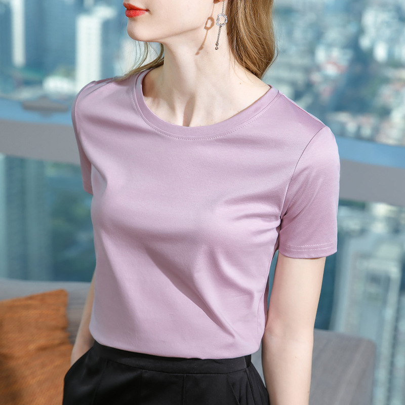 コットン半袖Tシャツレディース2025年夏新作ラウンドネックバーガンディスリムフィットシャツトップ|undefined