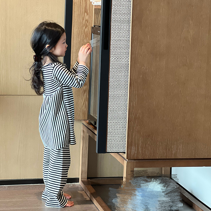 2023 Autumn and Winter New Combed Cotton Striped suit Children's Wide Leg Pants Lazy Simple Home Wear Pullover BTX