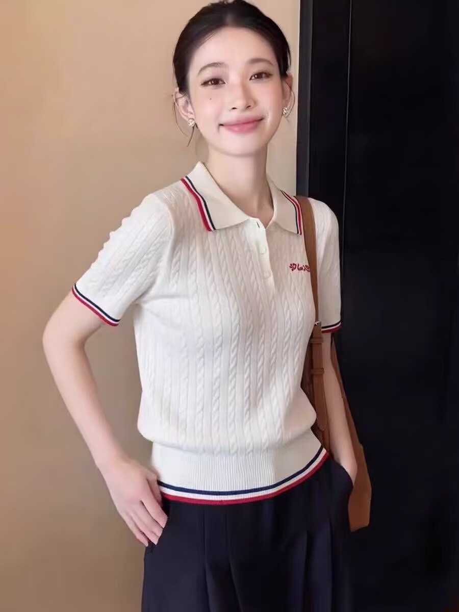 Áo thun polo nữ cổ bẻ sọc kẻ Hàn Quốc form gọn — trắng