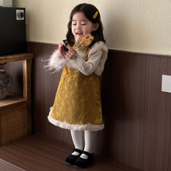中秋女童汉服旗袍裙2025新款秋儿童提花立领中长款连衣裙宝宝唐装
