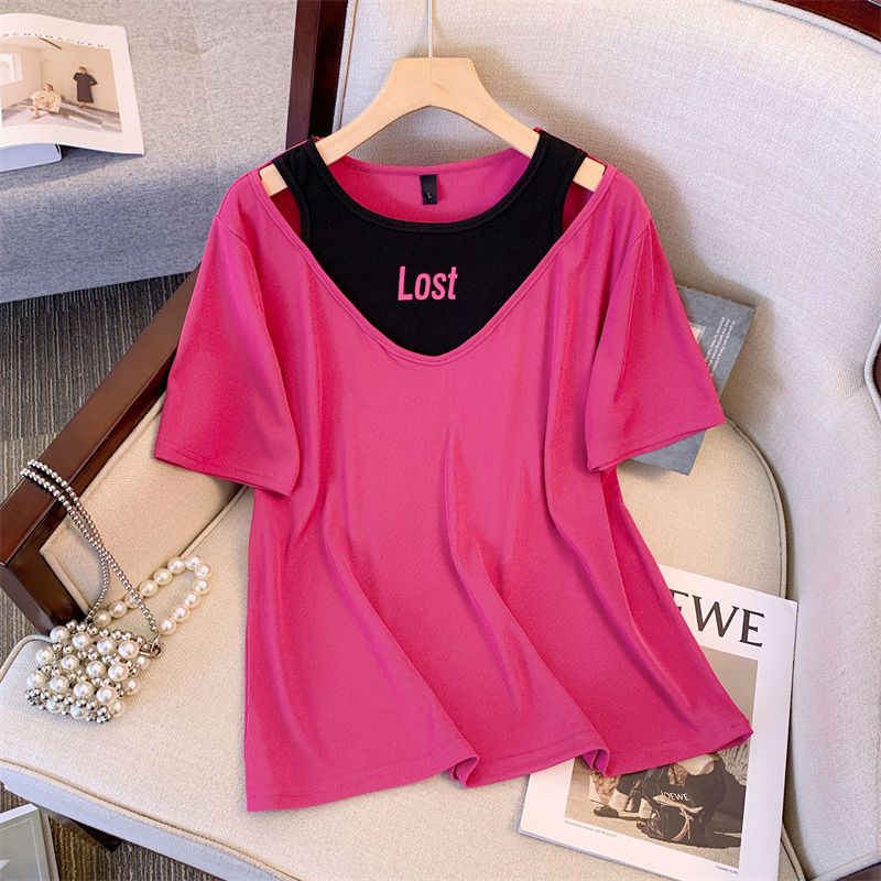 Camiseta hueca de manga corta de dos piezas para mujer de talla grande chica gordita de verano para mujer que adelgaza diseño suelto contraste color carta top image 4