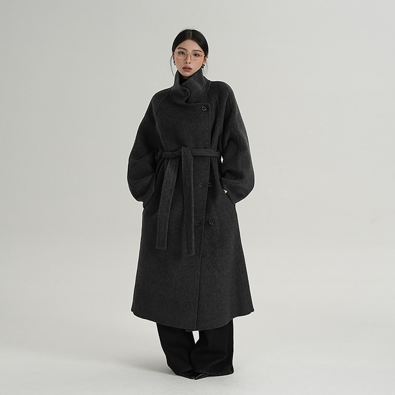 High-End and Elegant Deep Gray Long Coat with Stand Collar, Wool Double-Sided Woolen Coat, New Winter Style for Women, Super Stylish