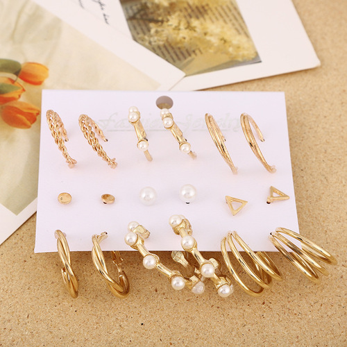 European and American cross-border new half-circle earring accessories, exaggerated creative retro imitation pearl hoop earring set, 9 pairs.