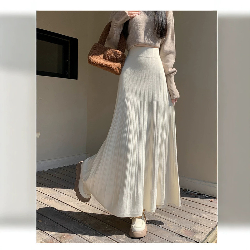 2026 New Knitted Skirt for Women, Autumn and Winter, High-end and Super Stylish, Woolen Flared Umbrella Skirt, A-line Long Skirt