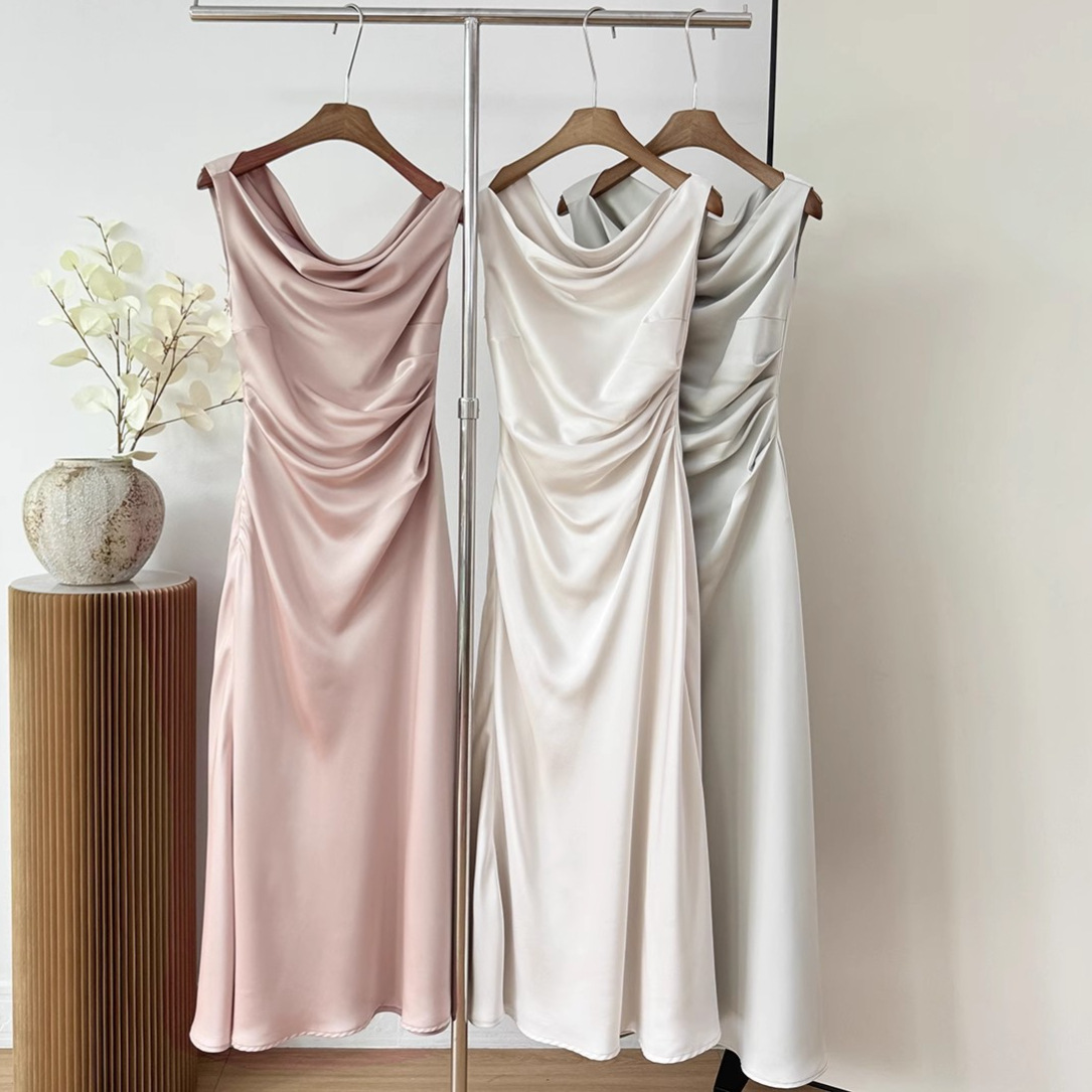 Roupas femininas Vestido de gola alta ombro a ombro estilo francês saia rabo de peixe cintura três cores verão 2024_voghion.com