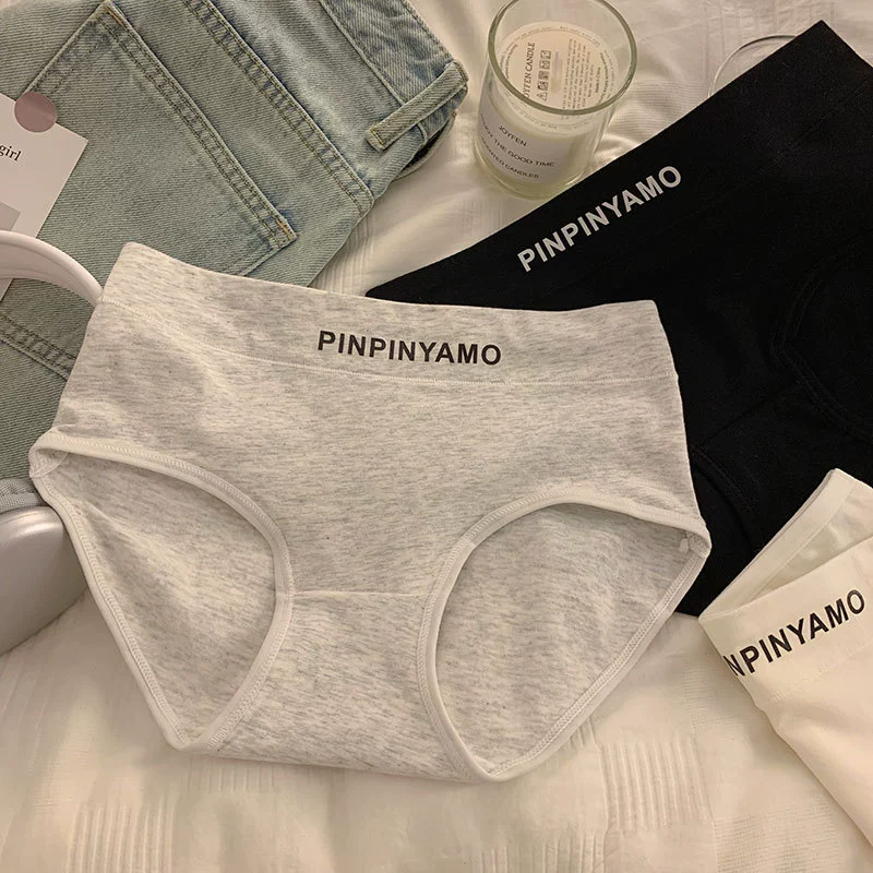 Женские трусы из чистого хлопка в японском стиле со средней талией, простые дышащие однотонные трусики из чистого хлопка с надписью для женщин