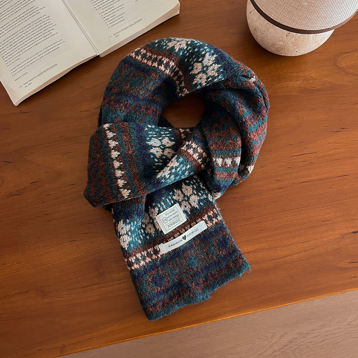 费尔岛风提花针织围巾女秋冬复古围巾含羊毛保暖韩系氛围感围脖潮