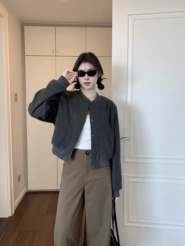 卡其色毛呢棒球服短外套女秋季美式风小个子短款气质oversize夹克|undefined