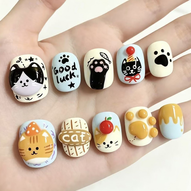 3D Embossed Wearable Nails with a High-End Look, Brightening Effect, Student Manicure, Hand-Painted Cat Cartoon, Fun and Popular Nail Art