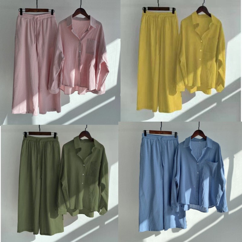 Women's 2-piece Retro Plus Size 2024 Summer Cotton and Linen Shirt suit High Waist Loose Pants