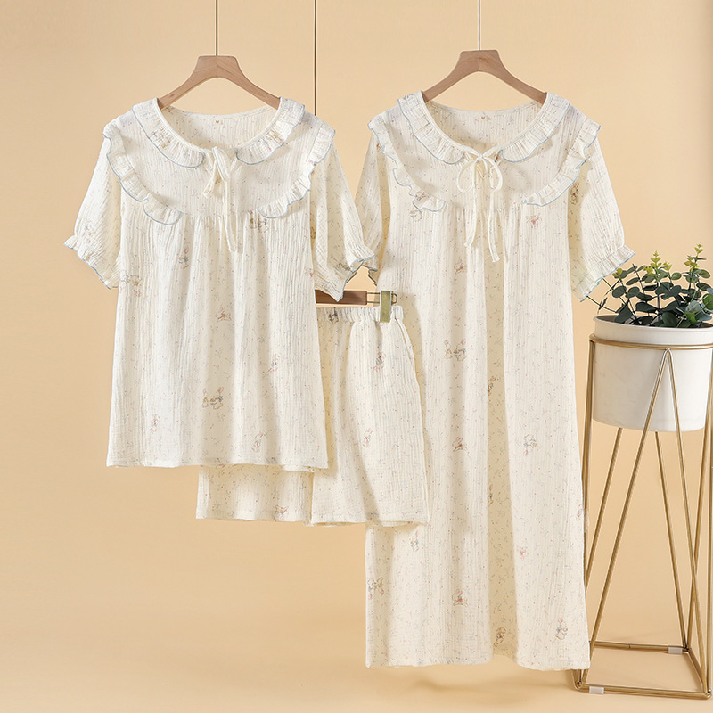 Pajamas Women's Summer Pure Cotton Double-Layer Cotton Yarn Cute Round Neck Home Clothes Short Sleeve Shorts Nightgown Loose Home Clothes