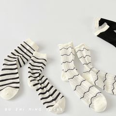 黑白細條紋襪子夏天網眼透氣卷邊日系百搭學院風夏季薄款中筒襪女