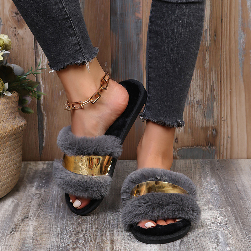 Plush Flat Bottom Metal Slippers NSKJX104839